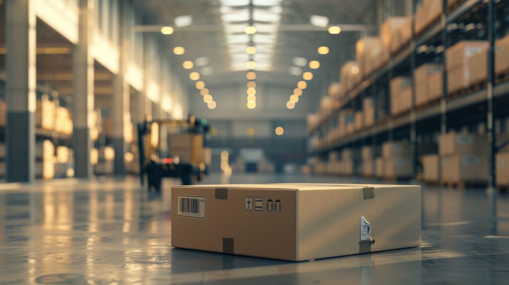 a cardboard box in warehouse